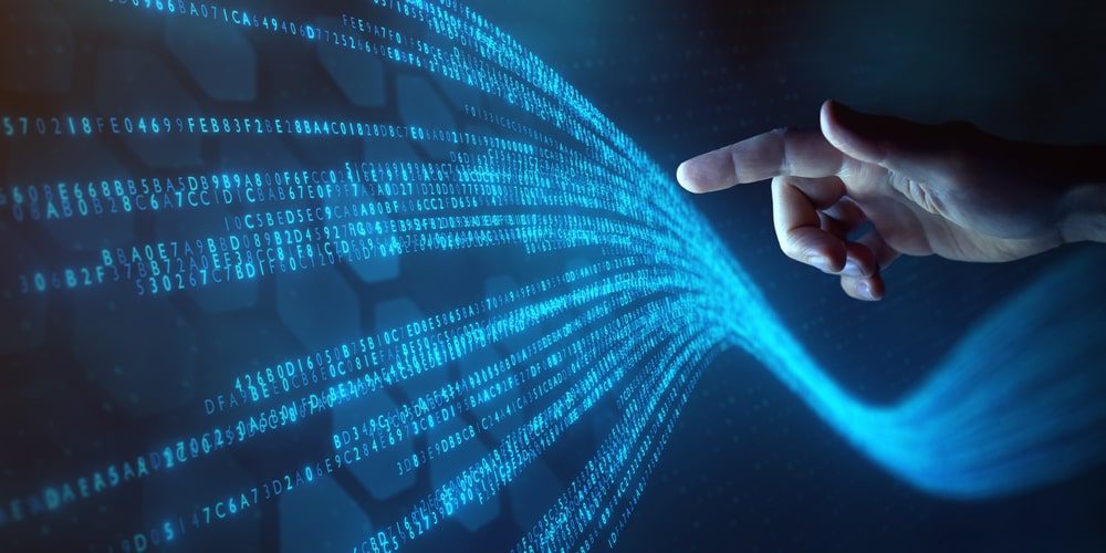 person touching virtual data stream